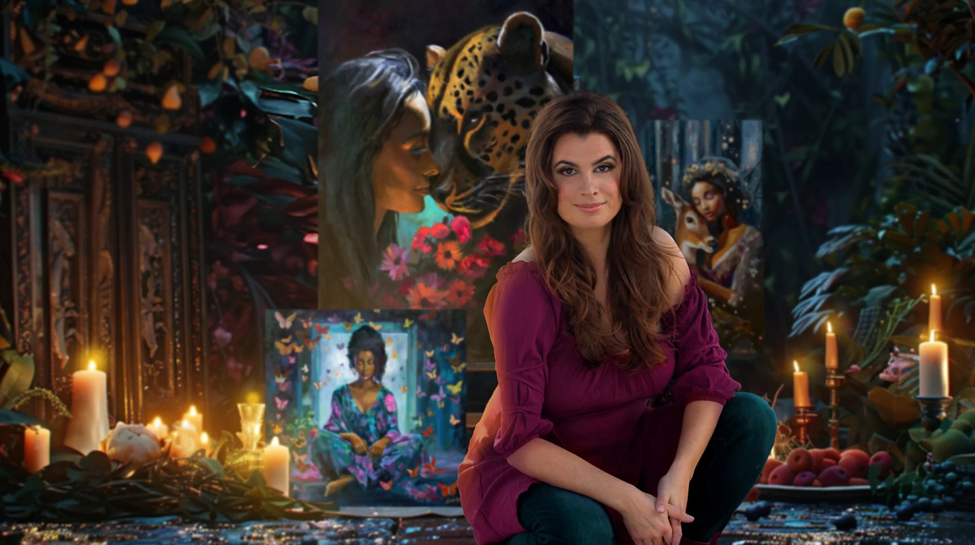 Lucinda Rae with candles and paintings